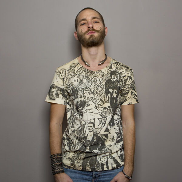 graphic cotton T-shirt with various black and white illustrations