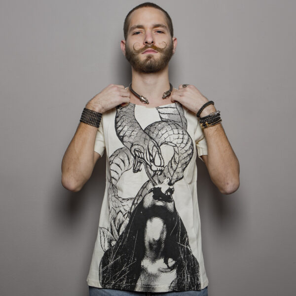 T-shirt with a sophisticated artistic design depicting the serpent of original sin.